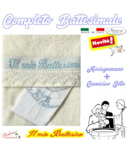 *COMPLETO BATTESIMALE* Asciugamano+Camicino art.802 Seta/CIELO