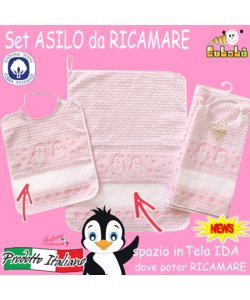 DA RICAMARE Set asilo 2 pezzi COM263-PINGUI Bianco/Rosa