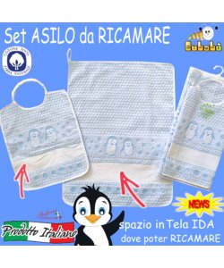 DA RICAMARE Set asilo 2 pezzi COM263-PINGUI Bianco/Cielo