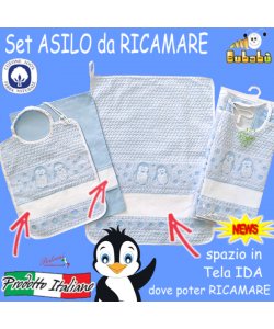 DA RICAMARE Set asilo 3 pezzi COM264-PINGUI Bianco/Cielo