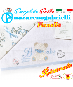 *FLANELLA* Completo CULLA RICAMATA art.NG-270 dis. 3 Bianco/Cielo