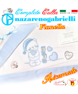*FLANELLA* Completo CULLA RICAMATA art.NG-270 dis. 1 Bianco/Cielo