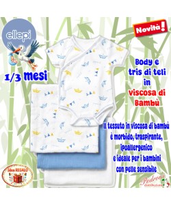 *SET REGALO* Body e tris di teli CR1023 CIELO Tg 1/3 mesi