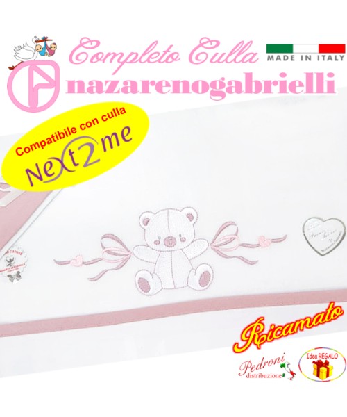 *NEX TO ME* Completo CULLA ricamato NG-3016 dis.31 Bianco/Rosa - Lenzuolini Next to Me