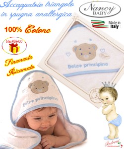*DOLCE PRINCIPINO* Baby accappatoio TRIANGOLO spugna RICAMATO 458/3 Bianco/Cielo