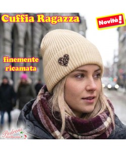 CUFFIA RAGAZZA modello lavorato con "RICAMO CUORE " art.BF-7134 Beige