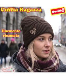 CUFFIA RAGAZZA modello lavorato con "RICAMO CUORE " art.BF-7134 Coffee