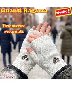 GUANTI RAGAZZA modello lavorato con " RICAMO CUORE " art.GT-9084 White Lana