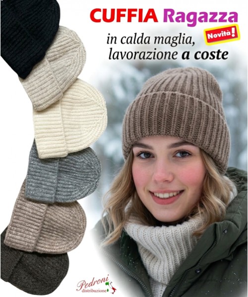 CUFFIA RAGAZZA modello a coste con risvolto...